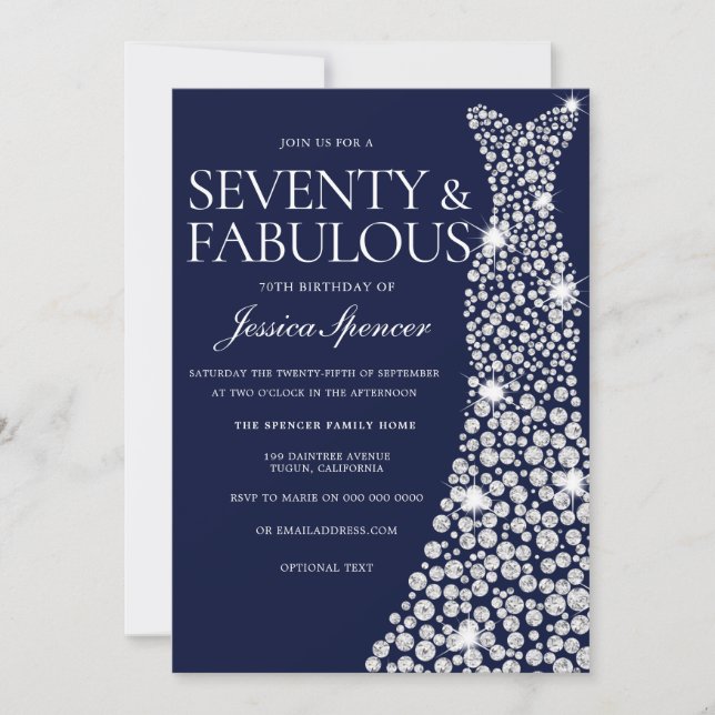 Invitation Marine Bleu Robe Blanche 70e Fabuleuse fête d'anni (Devant)