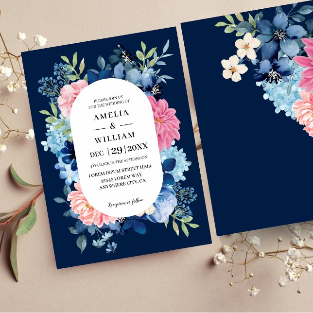 Invitation Marine bleu rose fleurs aquarelle Mariage floral (Créateur téléchargé)