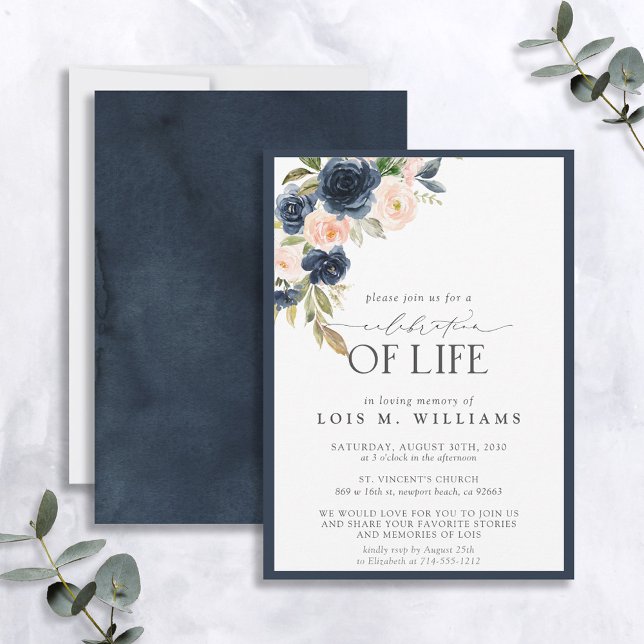 Invitation Marine Bleu rose floral Célébration de la vie (Créateur téléchargé)