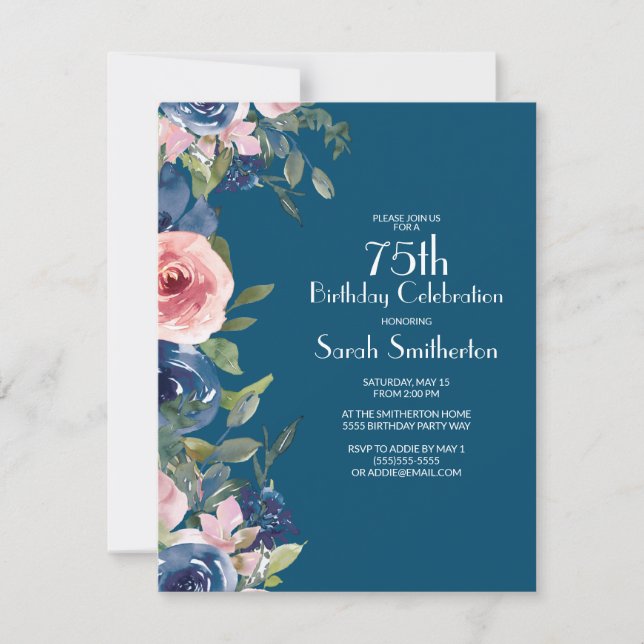 Invitation Marine bleu rose floral vert Feuilles 75e annivers (Devant)
