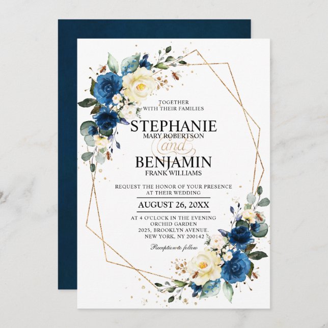 Invitation Marine bleu rose jaune Boho Mariage géométrique In (Devant / Derrière)