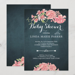 Invitation Marine bleu rose pivoines baby shower floral éléga