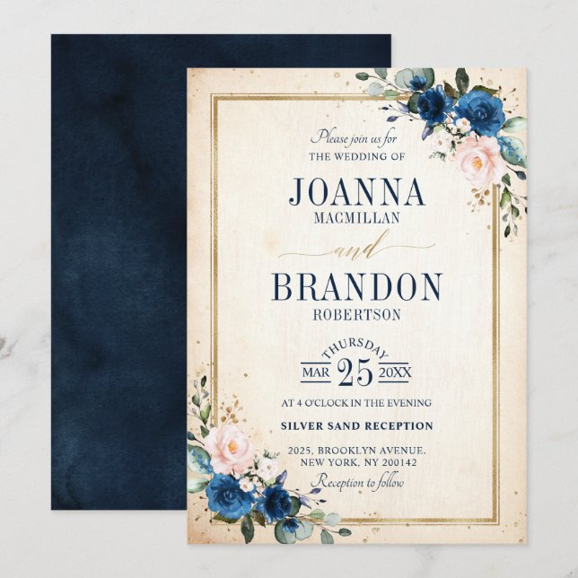 Invitation Marine bleu rose rose rose rose Boho Mariage géomé (Devant / Derrière)