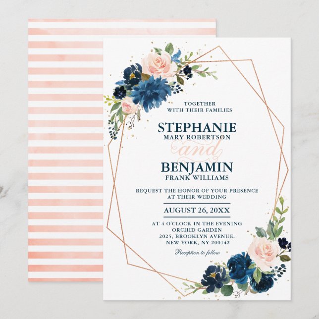 Invitation Marine bleu rose rose rose rose Boho Mariage géomé (Devant / Derrière)
