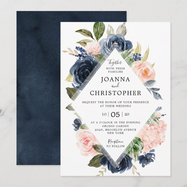 Invitation Marine bleu rose rose rose rose Boho Mariage géomé (Devant / Derrière)