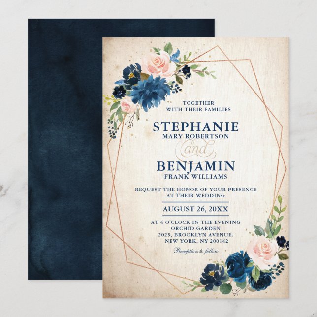 Invitation Marine bleu rose rose rose rose Boho Mariage géomé (Devant / Derrière)