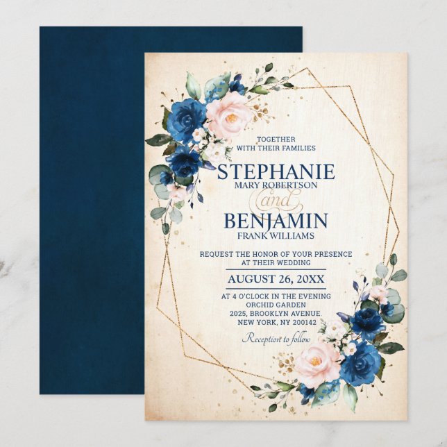 Invitation Marine bleu rose rose rose rose Boho Mariage géomé (Devant / Derrière)