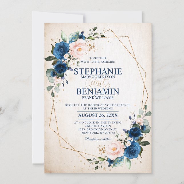 Invitation Marine bleu rose rose rose rose Boho Mariage géomé (Devant)
