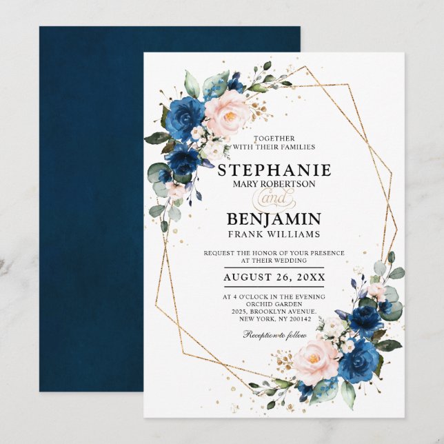Invitation Marine bleu rose rose rose rose Boho Mariage géomé (Devant / Derrière)