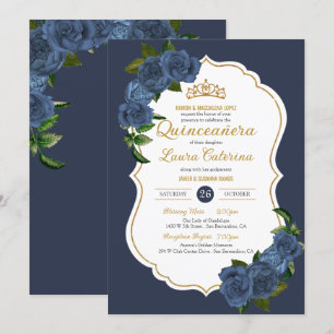 Invitation Marine Bleu Roses Blanc et or Elegant Quinceanera