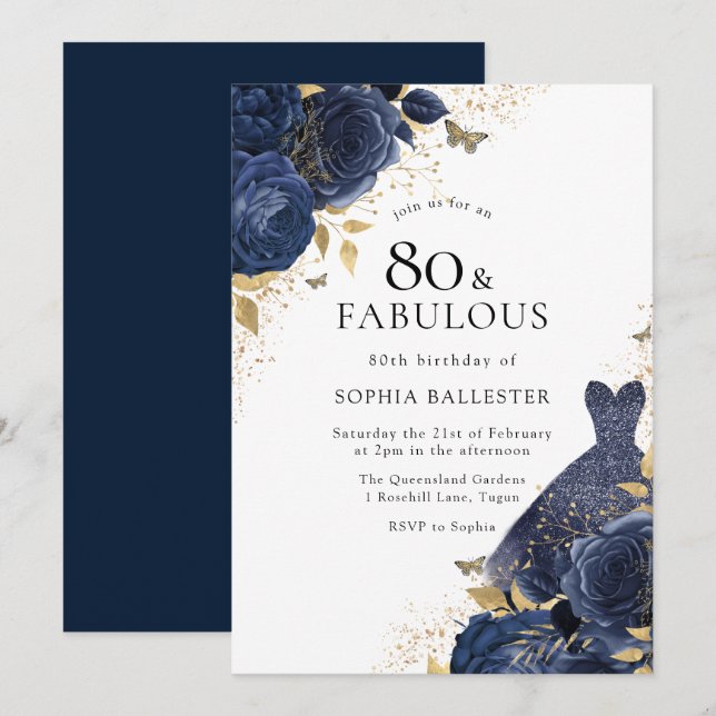 Invitation Marine Bleu Roses et robe Or femmes 80e anniversai (Devant / Derrière)