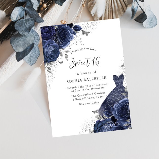 Invitation Marine Bleu Roses & Robe Argent Doux 16 Partie (Créateur téléchargé)