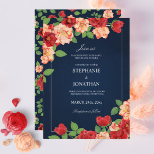 Invitation Marine Bleu rouge et Rose orange brûlé Mariage flo