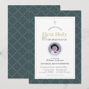 Invitation Marine Bleu Simple Garçon Photo First Holy Communi