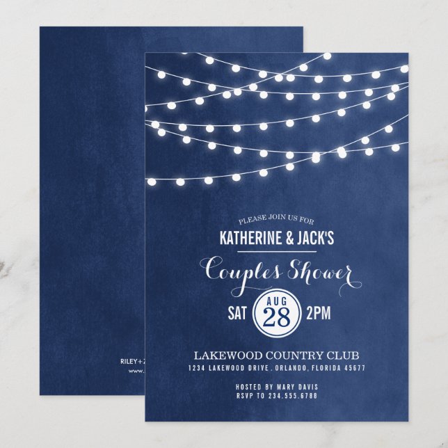 Invitation Marine Bleu String Lumières Couples Douche Invitat (Devant / Derrière)