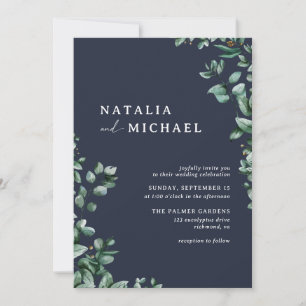 Invitation Marine Bleu subtile verdure   Élégant Mariage mode