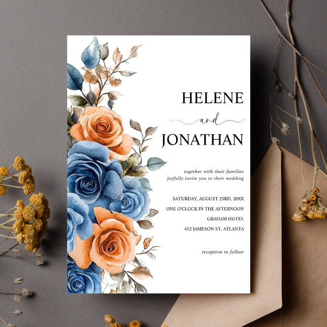 Invitation Marine Bleu Terracotta Aquarelle Mariage élégant (Navy Blue Terracotta Watercolor Elegant Wedding Invitation)