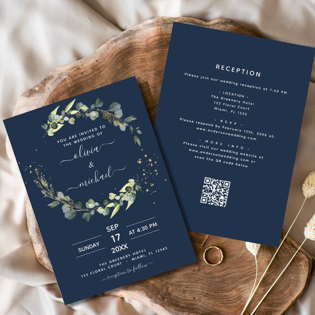 Invitation Marine bleu tout en un Eucalyptus QR Code Mariage (Créateur téléchargé)