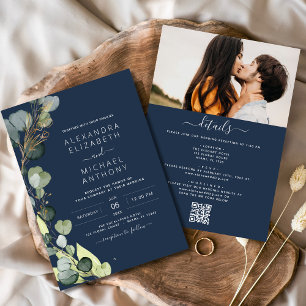 Invitation Marine bleu tout en un Eucalyptus QR Code Mariage