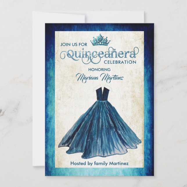 Invitation Marine bleu Watercolor robe à balle tirée main Qui (Devant)