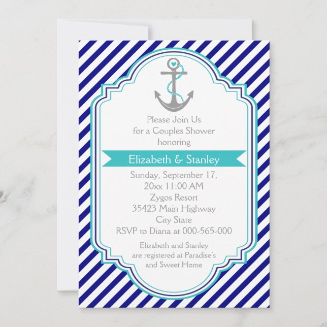 Invitation Marine bleu, wedding shower de couples nautiques (Devant)