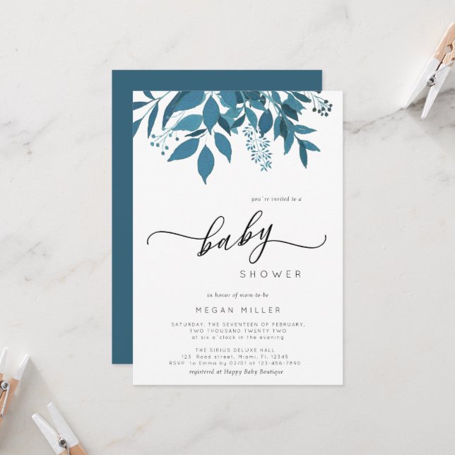 Invitation Marine Bleue Botanique | Baby shower d'hiver de sc (Devant/Arrière en situation)