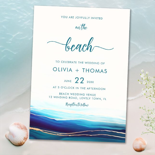 Invitation Marine Bleue Moderne Océan Or Sur la plage Mariage (Créateur téléchargé)