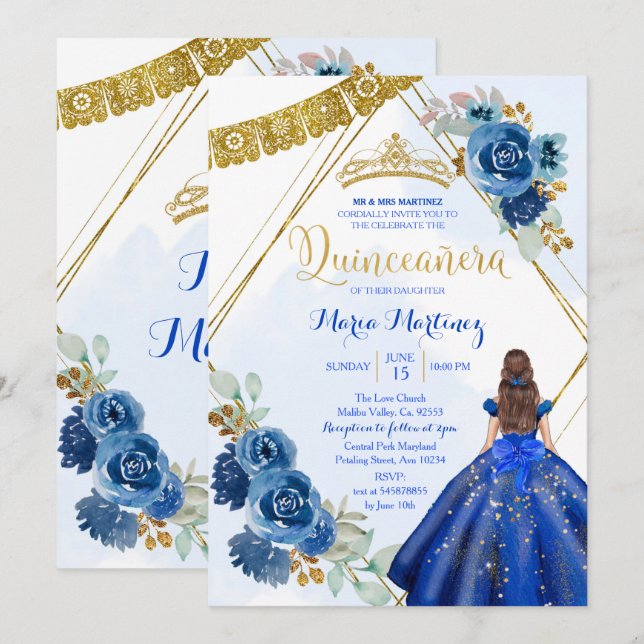 Invitation Marine Bleue Rose fille Charra 15e anniversaire (Devant / Derrière)