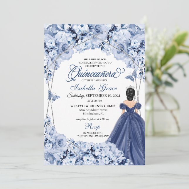 Invitation Marine Bleue Rose princesse Quinceañera (Debout devant)