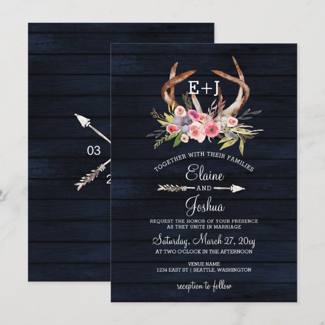Invitation Marine Blooming Antlers Pays Chic Mariage (Devant / Derrière)