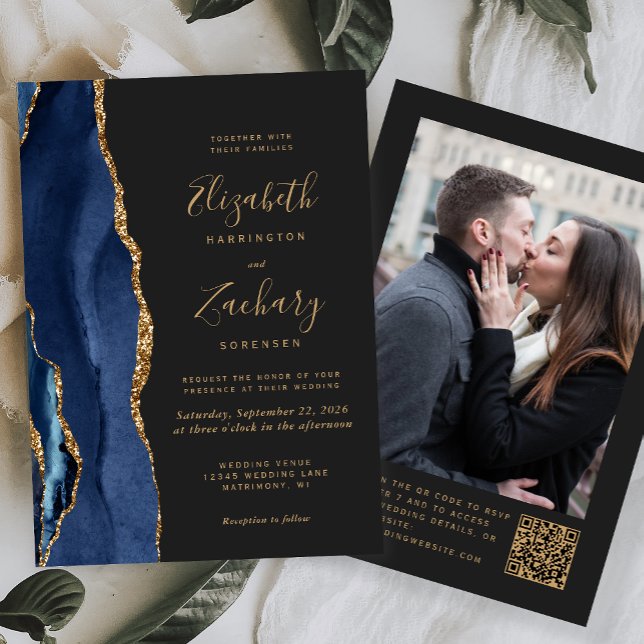 Invitation Marine Blue Agate Dark Photo QR Code Mariage (Créateur téléchargé)