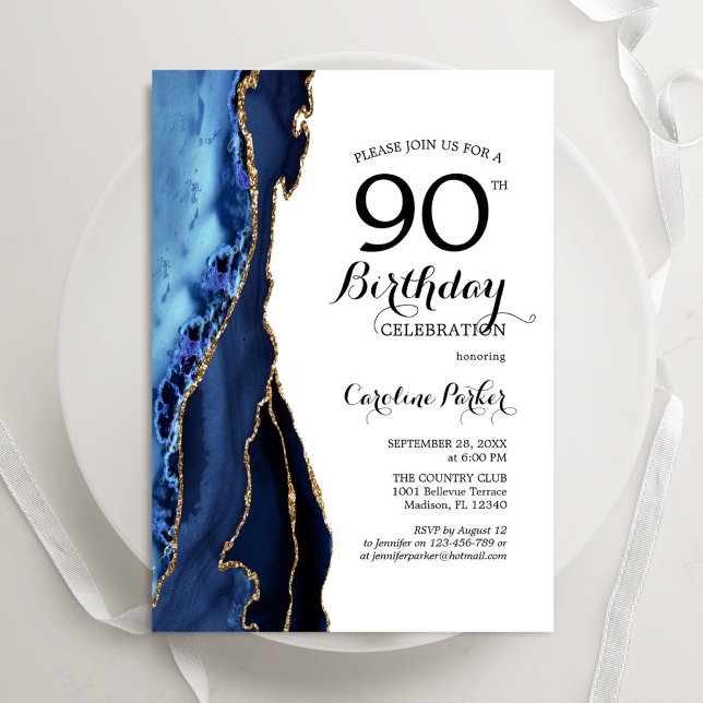 Invitation Marine Blue Agate Or Blanc 90e anniversaire (Créateur téléchargé)
