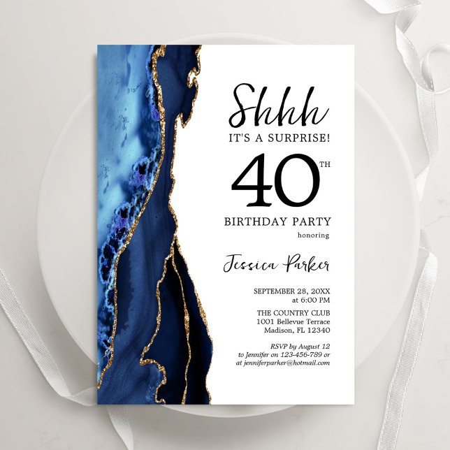 Invitation Marine Blue Agate Or Blanc Surprise 40e anniversai (Créateur téléchargé)