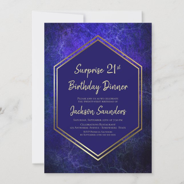 Invitation Marine Blue and Gold Surprise 21e anniversaire Dîn (Devant)