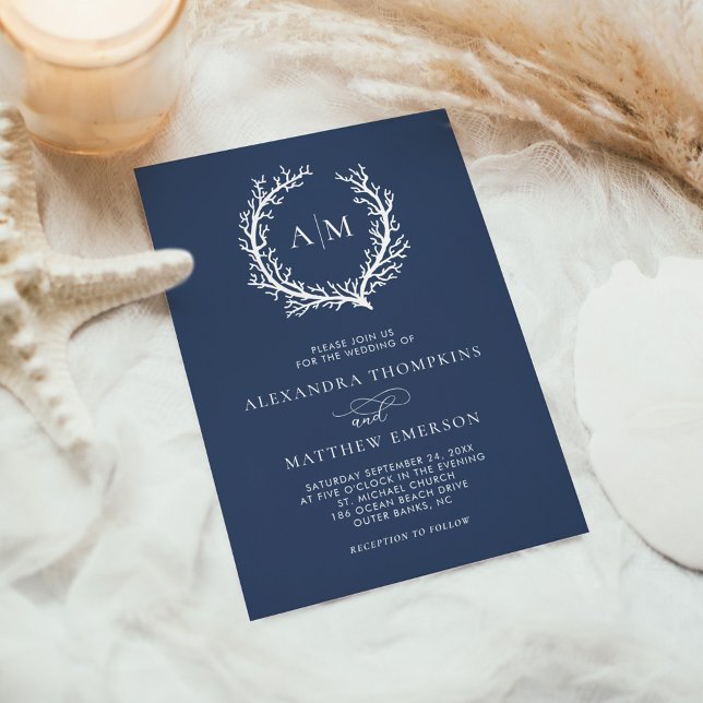 Invitation Marine Blue Beach Monogramme Mariage minimal (Créateur téléchargé)