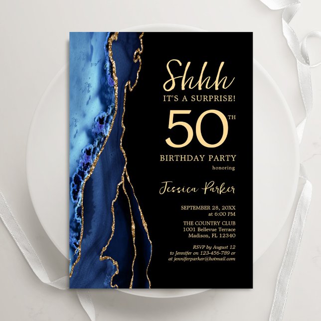 Invitation Marine Blue Black Gold Agate Surprise 50e annivers (Créateur téléchargé)