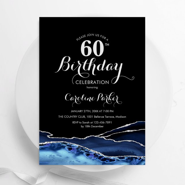 Invitation Marine Blue Black Silver Agate 60e anniversaire (Créateur téléchargé)