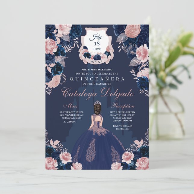 Invitation Marine Blue & Blush Pink Princess Castle Quinceañe (Debout devant)