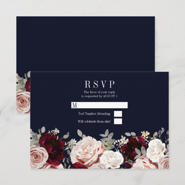Invitation Marine Blue Blush Rose Bourgogne Floral Wedding RS (Devant / Derrière)