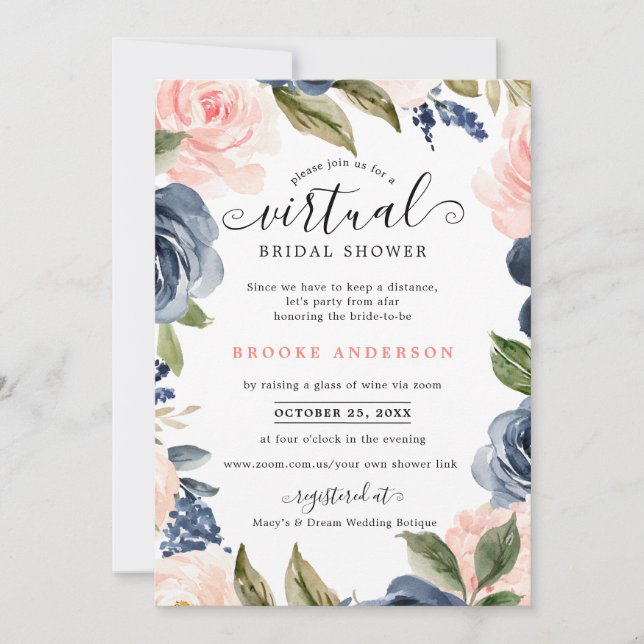 Invitation Marine Blue Blush Rose Rose Fête des mariées virtu (Devant)