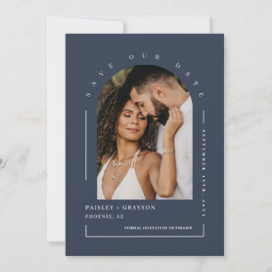 Invitation Marine Blue Boho Arch Photo QR Code Enregistrer no