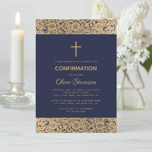 Invitation Marine Blue Boy Confirmation Floral Gold Roses Cro