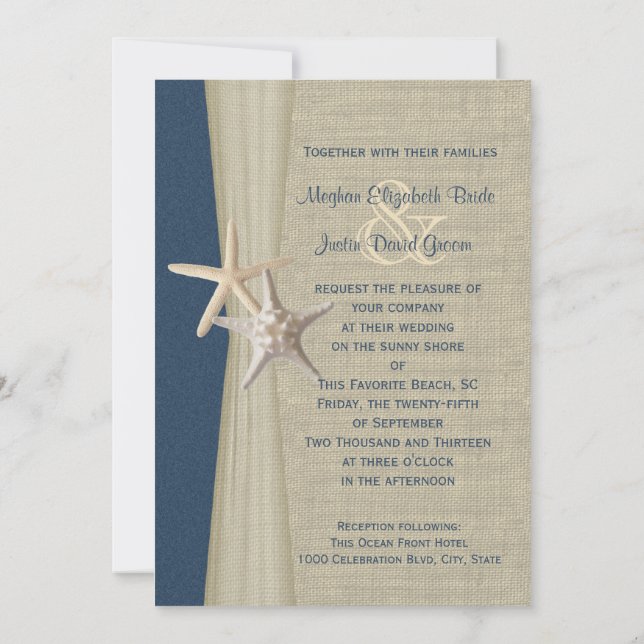 Invitation Marine Blue Burlap et Starfish Beach Wedding (Dos)