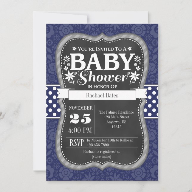Invitation Marine Blue Chalkboard Floral Baby shower Invitati (Devant)