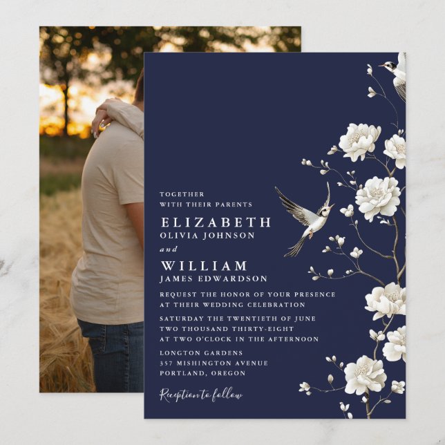 Invitation Marine Blue Chinoiserie Floral Garden Wedding Phot (Devant / Derrière)