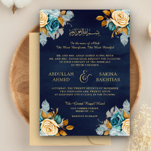 Invitation Marine Blue Cream Floral Gold QR Code Musulman Mar