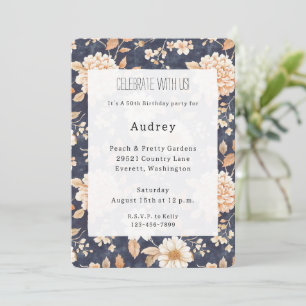Invitation Marine Blue Cream Peach Floral 50e anniversaire