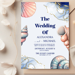 Invitation Marine Blue Elegant Beach Seashell Mariage