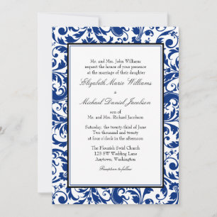Invitation Marine Blue et Black Swirl Mariage damassé