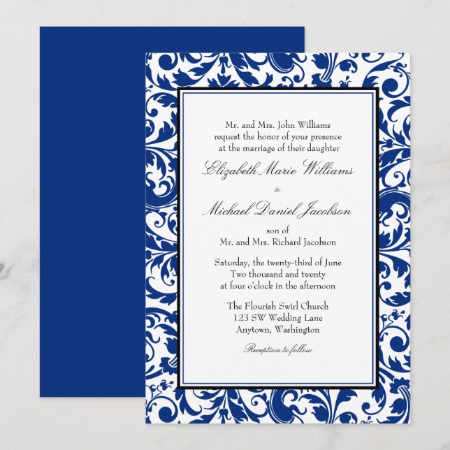 Invitation Marine Blue et Black Swirl Mariage damassé (Devant / Derrière)